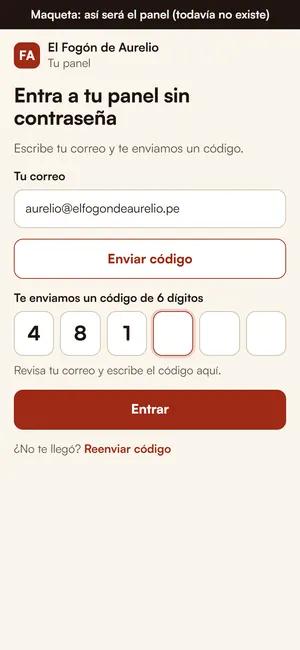 Maqueta del panel: entrar con un código de 6 dígitos