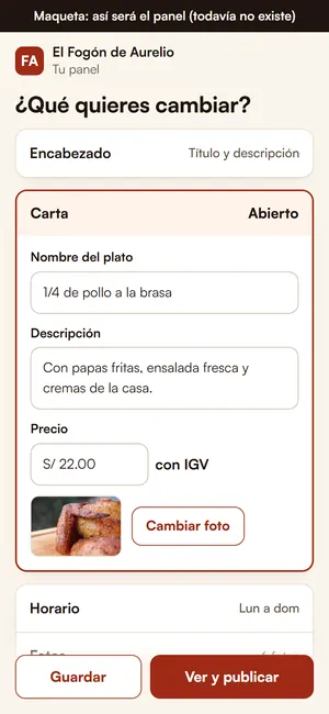 Maqueta del panel: editar un plato, su precio y su foto